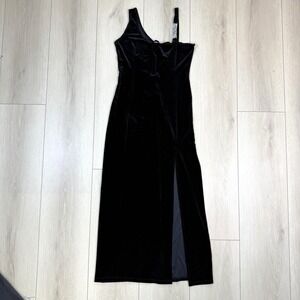 VTG‎ Tee Club Black Velvet Gown M Rhinestone Strap Slit Dress USA Made 90s Glam